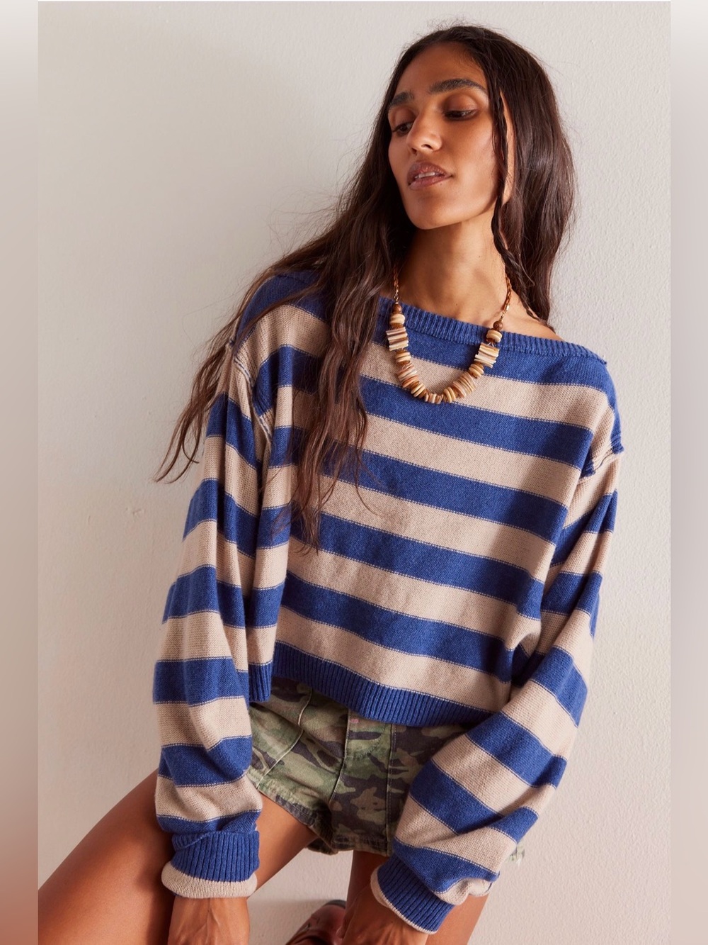 Striped Blue and Beige Cropped Knit Sweater - Women